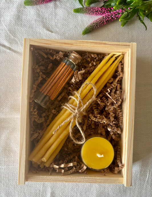 Sunshine & Honey Gift Set- Bundle of hand-dipped long candles, tea light, matches
